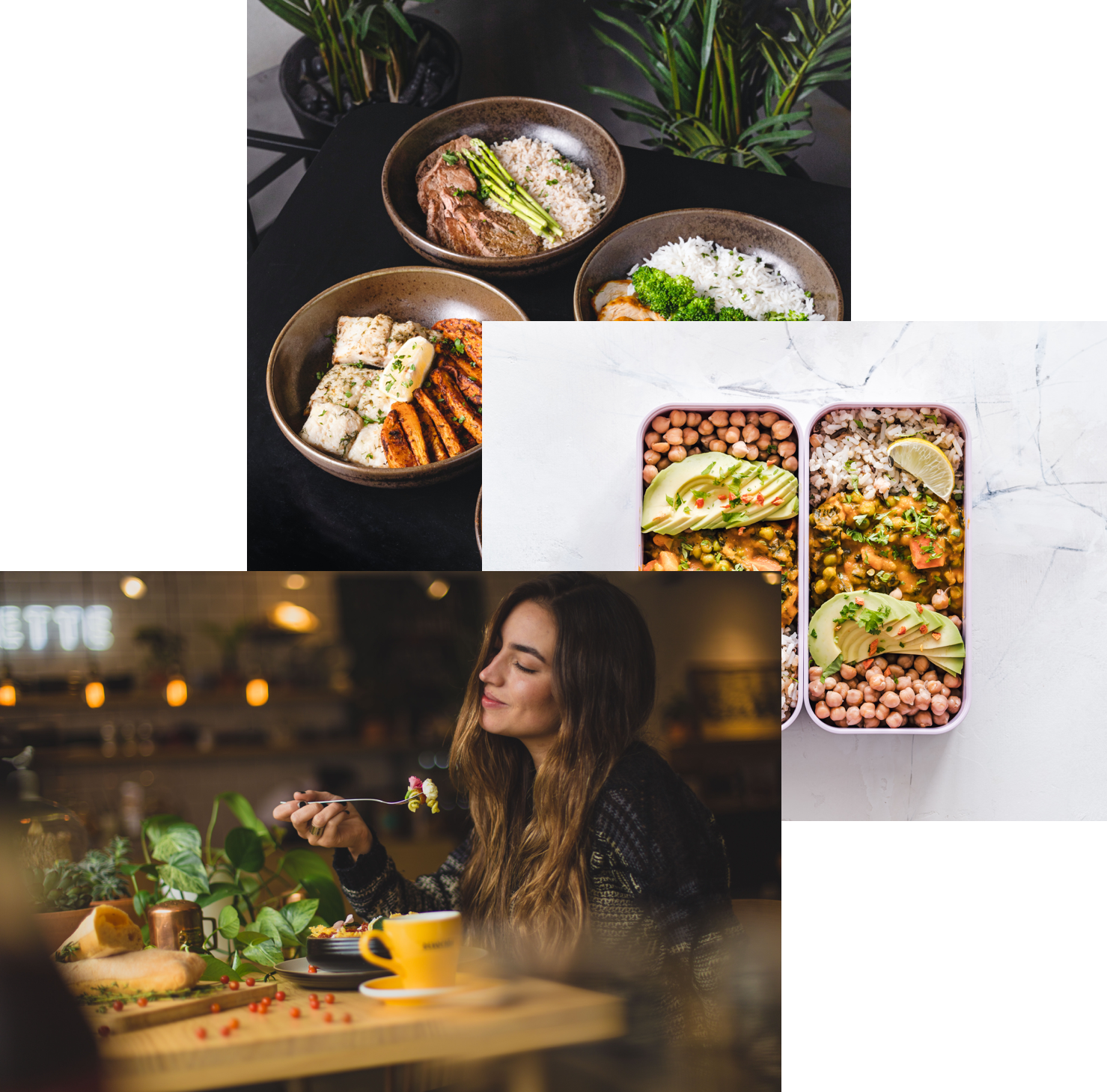 Woman enjoying food, meals in storage in container, and foods bowls on a table